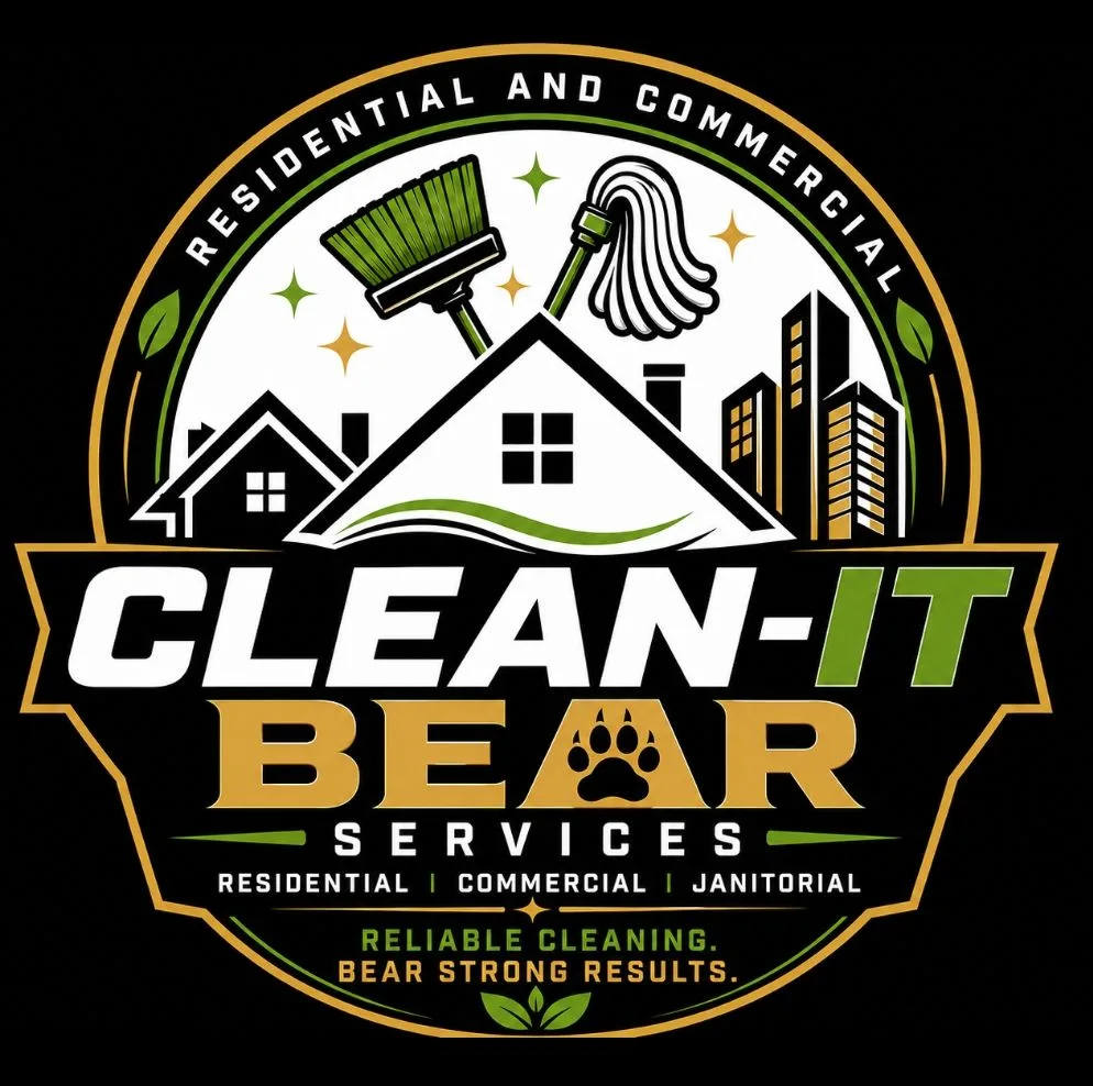 Clean-It Bear Services logo with cleaning tools, homes, and commercial buildings