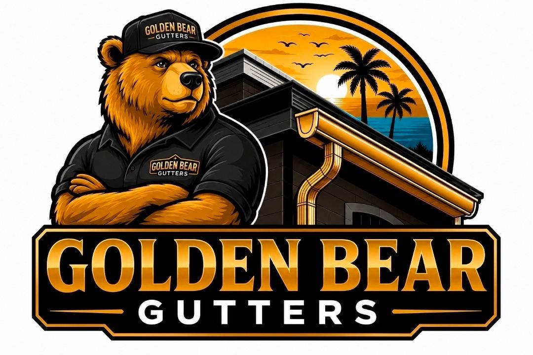 Golden Bear Gutters logo showing a bear beside a house with gold gutters and a sunset